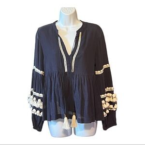 Vinette Bahl Nisha Top Navy V-Neck Long Peasant Pom Pom Sleeve Babydoll Blouse